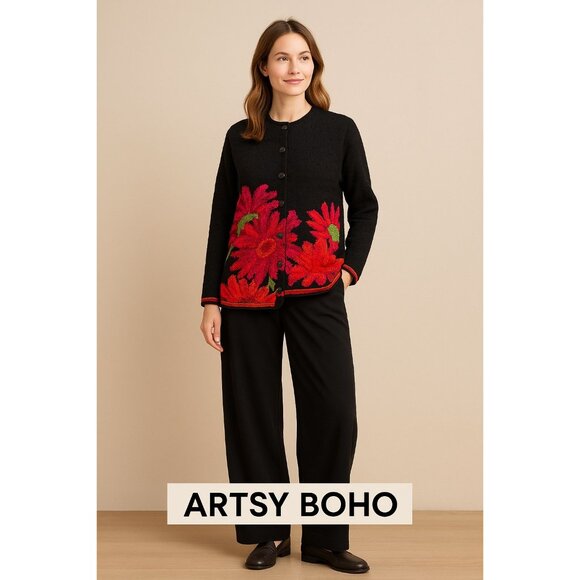 Handmade Susan Bristol Flower Knit Sweater | Bold Cottagecore Statement Cardigan - Picture 2 of 12